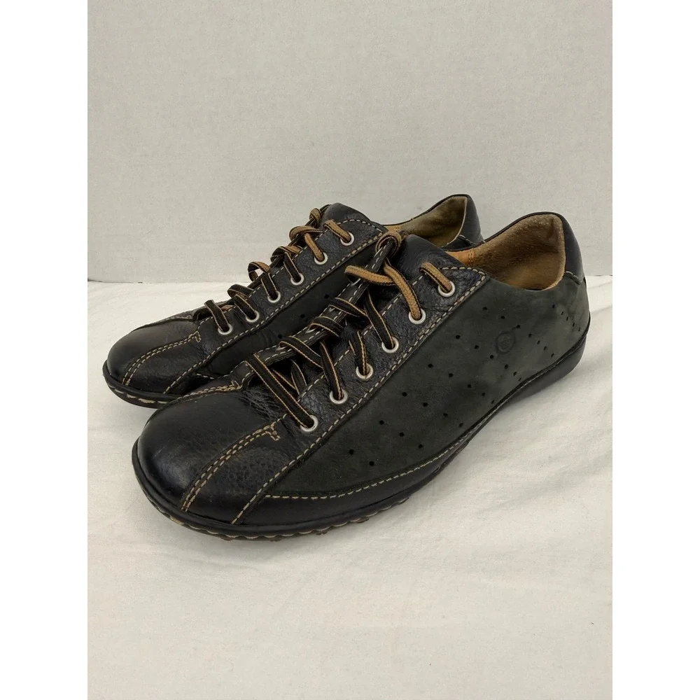 Born‎ Black Grey Leather Suede Low Top Lace Up Casual Ballet Sneakers Sz 8 / 39